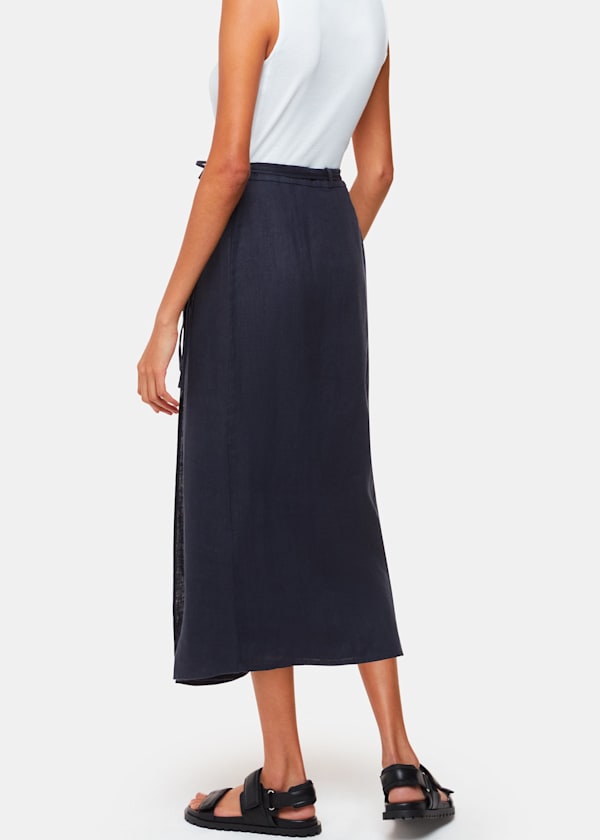 Navy Linen Wrap Midi Skirt