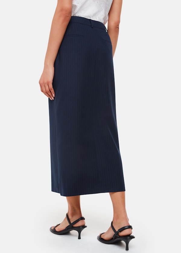 Navy Pinstripe Tailored Midi Skirt