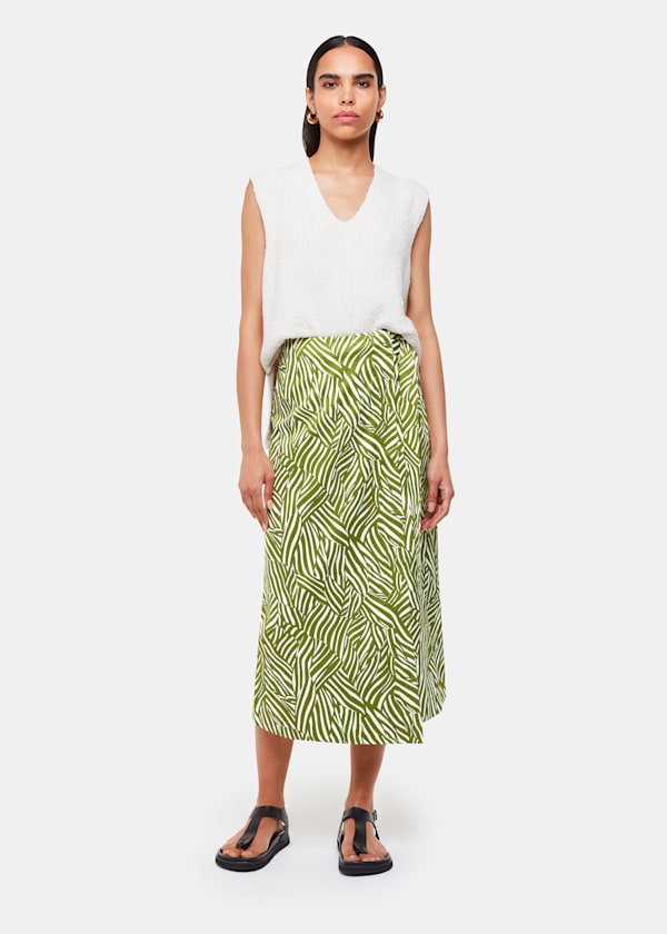 Green Linear Leaf Wrap Midi Skirt