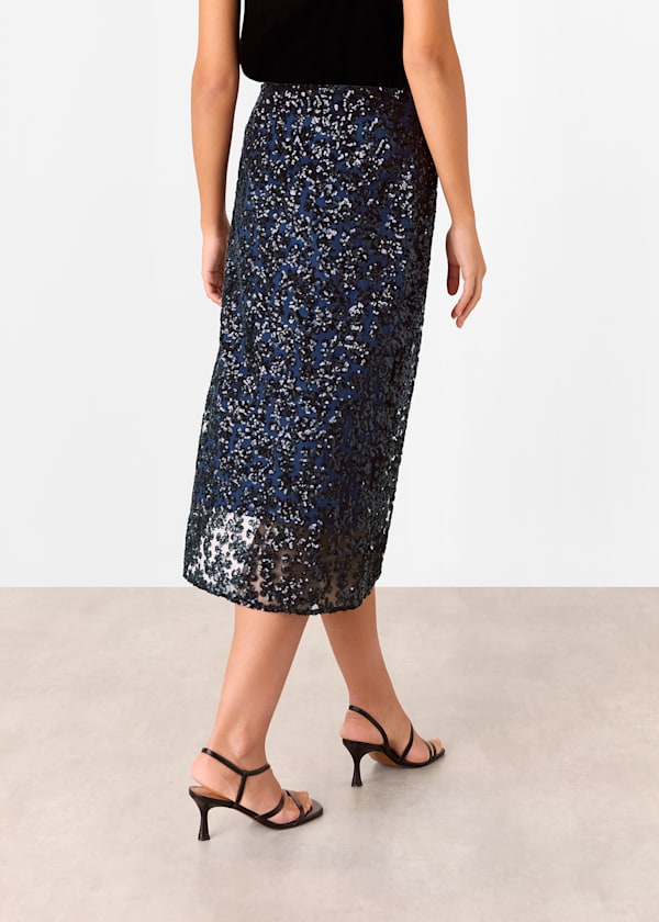 Black Floral Sequin Midi Skirt