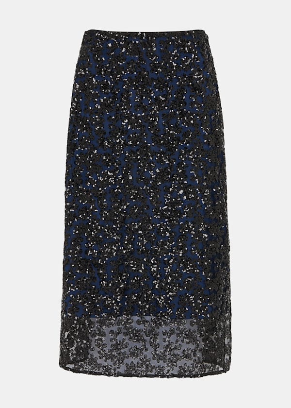 Black Floral Sequin Midi Skirt