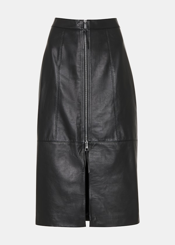 Black Zip Front Leather Pencil Skirt