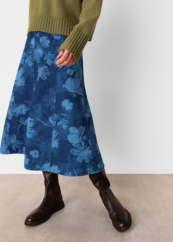 Denim Chalk Print Midi Skirt