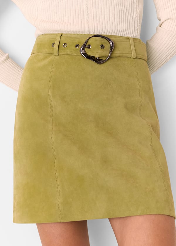 Olive Suede Belted Mini Skirt