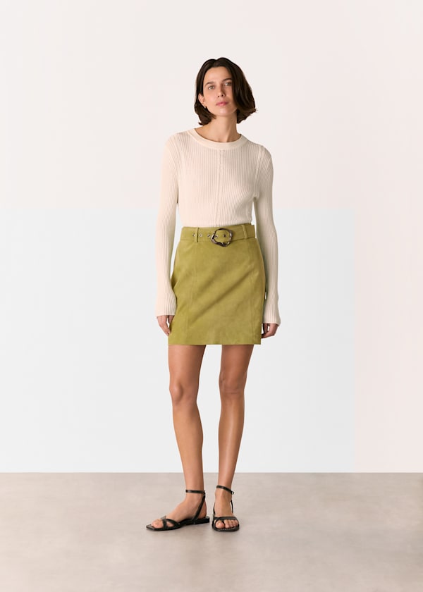 Olive Suede Belted Mini Skirt