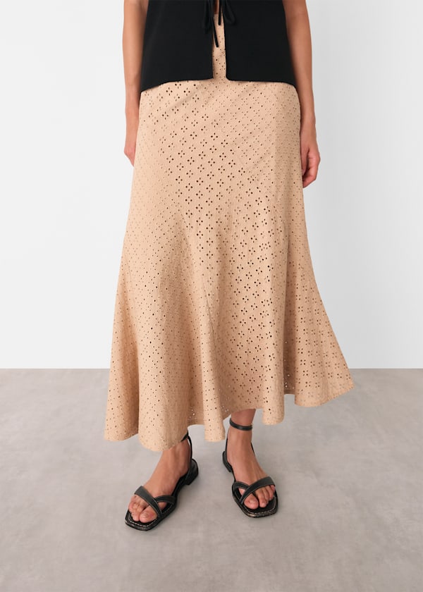 Camel Cotton Broderie Midi Skirt