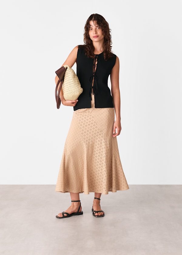 Camel Cotton Broderie Midi Skirt