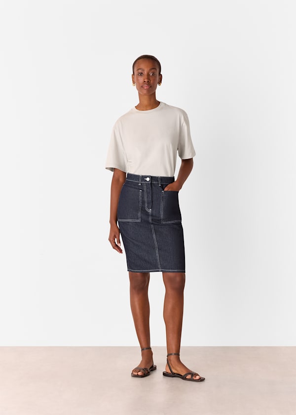 Dark Denim Contrast Stitch Midi Skirt