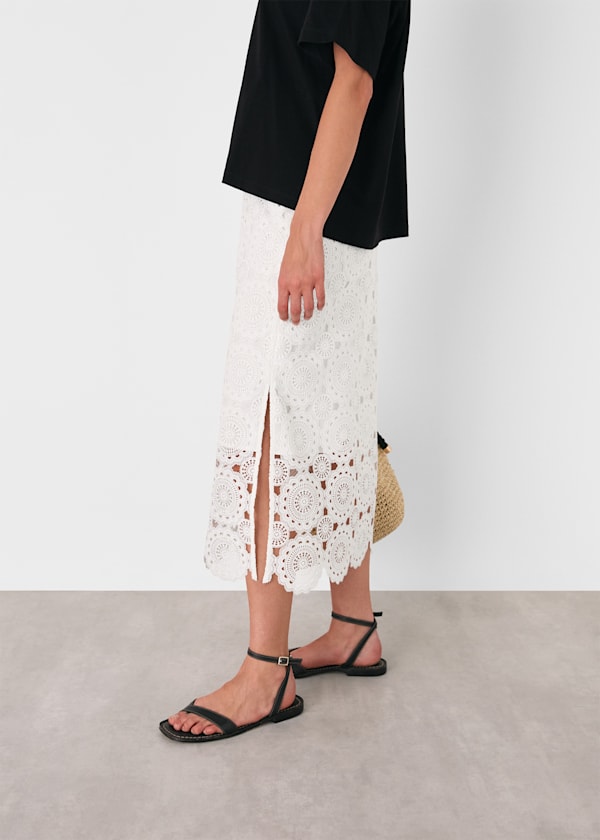 White Lace Column Midi Skirt