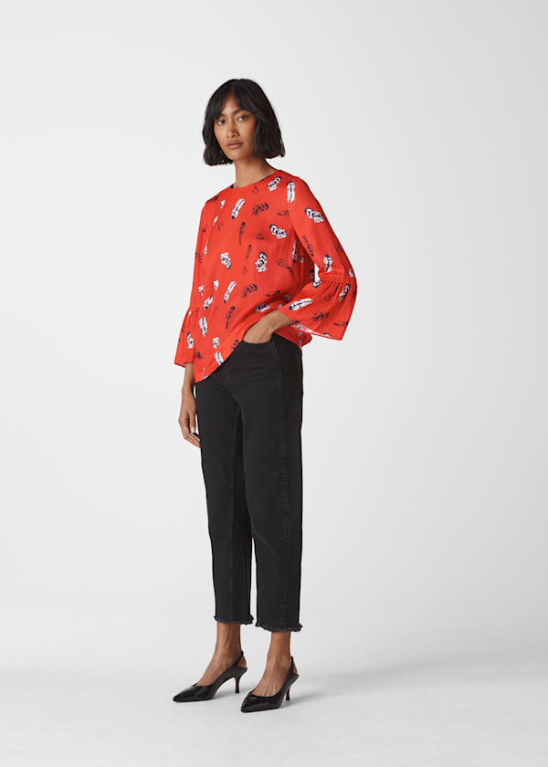 Red Feather Print Millie Frill Top