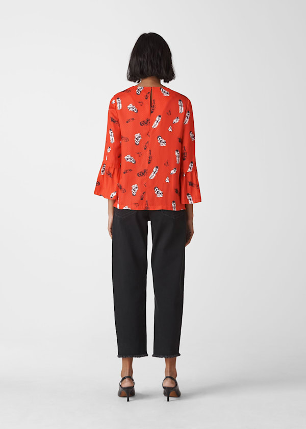 Red Feather Print Millie Frill Top
