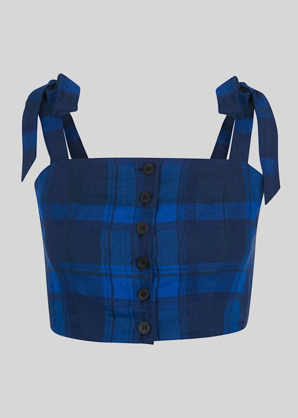 Blue Check Tie Linen Bralette