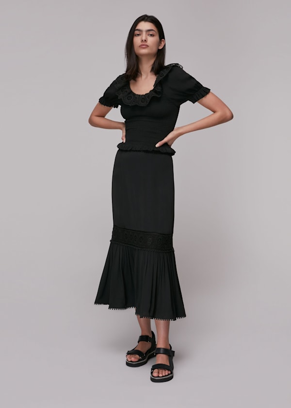 Black Crochet Detail Smocked Top