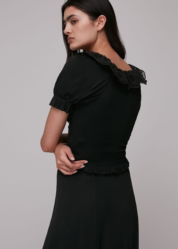 Black Crochet Detail Smocked Top
