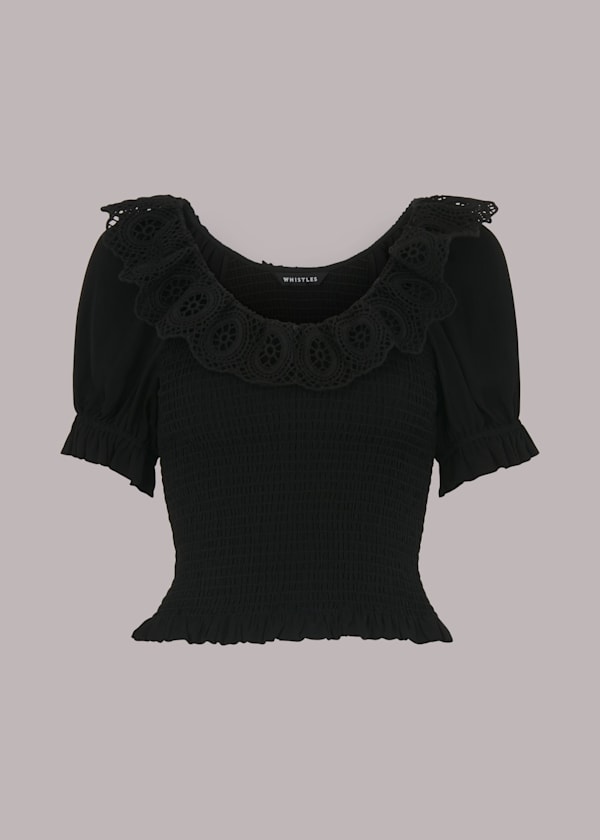 Black Crochet Detail Smocked Top