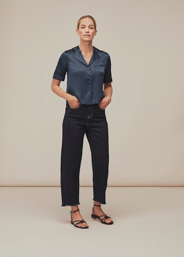 Navy Silk Satin Bowling Shirt