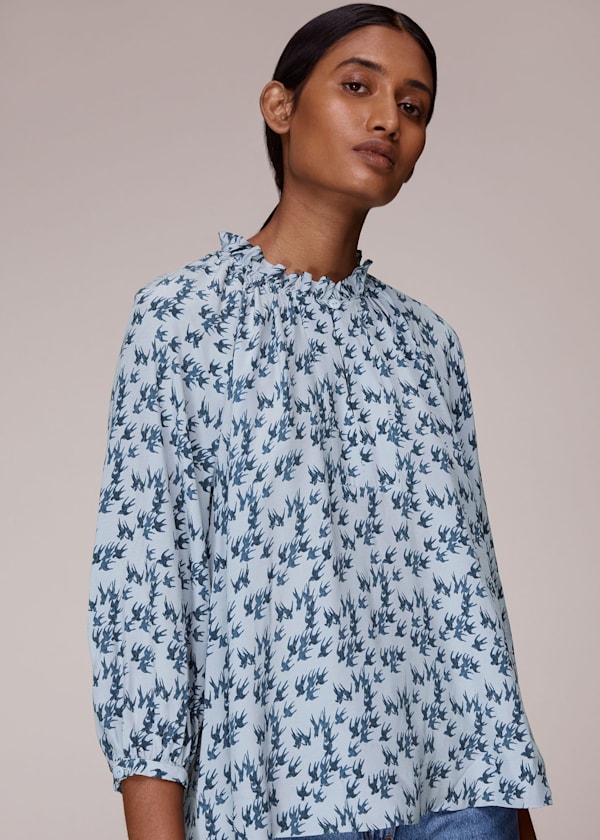 Pale Blue Beatrix Swallows Print Blouse