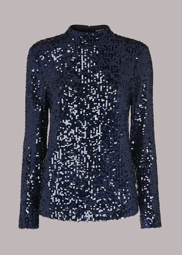Navy High Neck Sequin Top