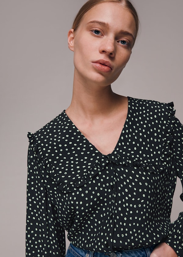 Black Stamp Spot Collar Top