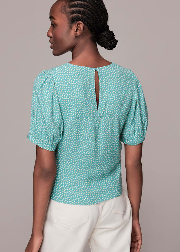 Blue Ditsy Floral Gather Front Top