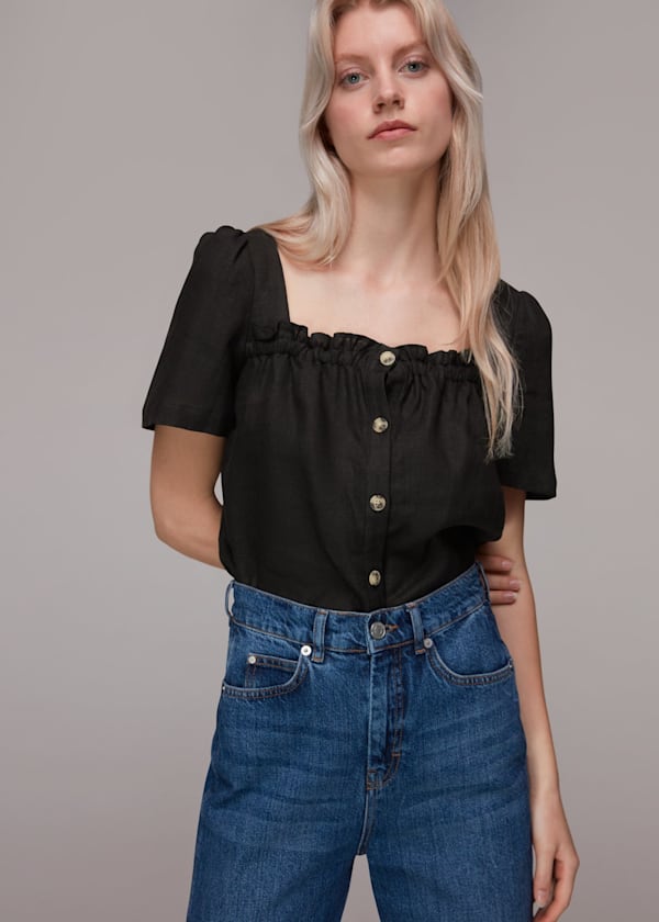 Black Square Neck Linen Top
