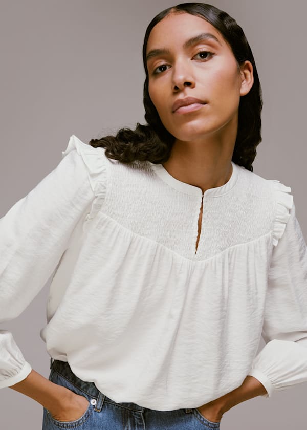 White Megan Shirred Detail Top
