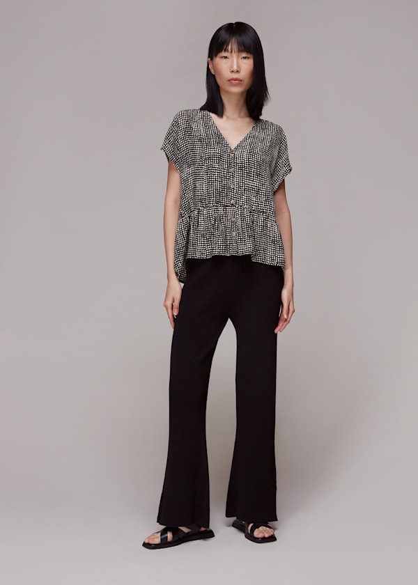 Black Spotted Check Peplum Top