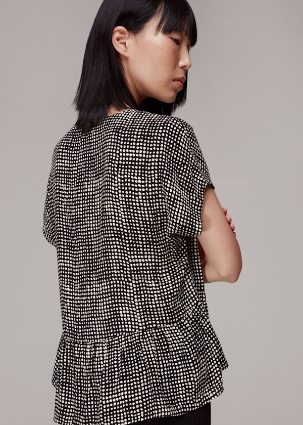 Black Spotted Check Peplum Top