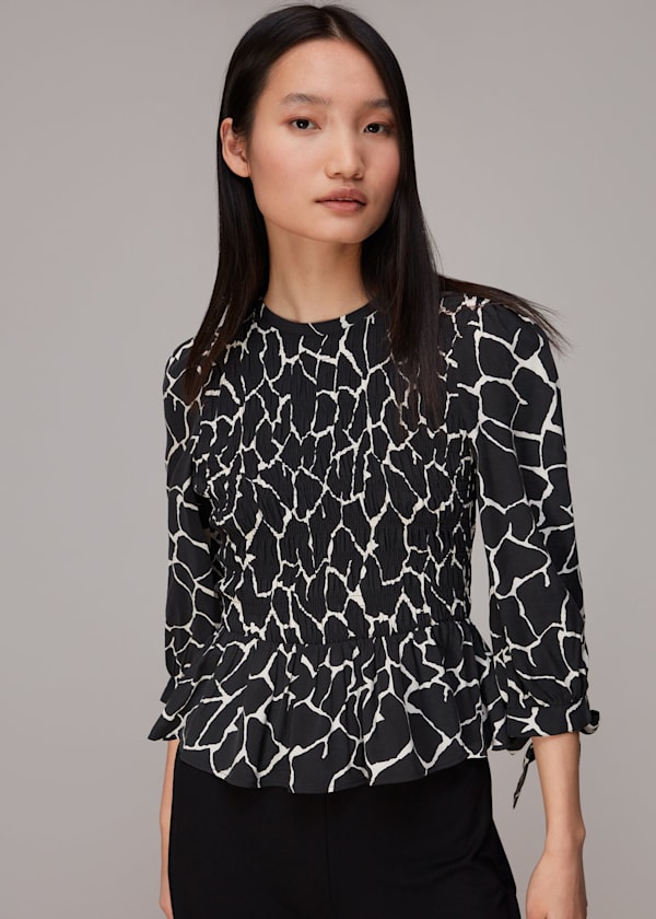 Black Giraffe Print Shirred Top