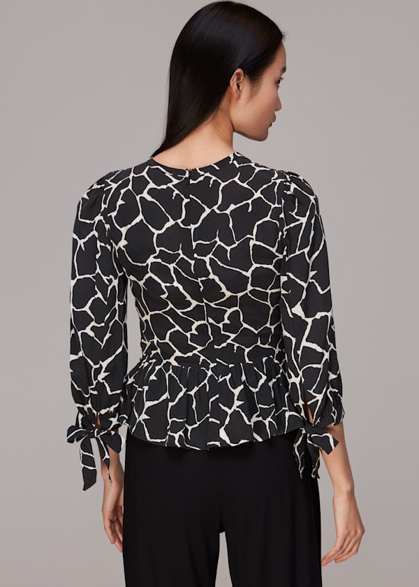 Black Giraffe Print Shirred Top