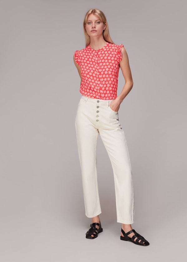 Red Daisy Check Frill Blouse