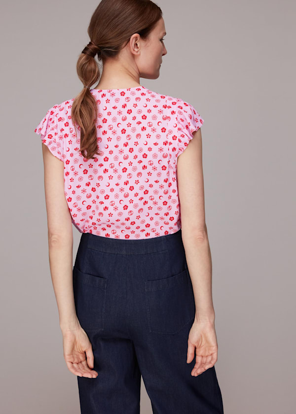 Pink Moon Floral Frill Sleeve Top