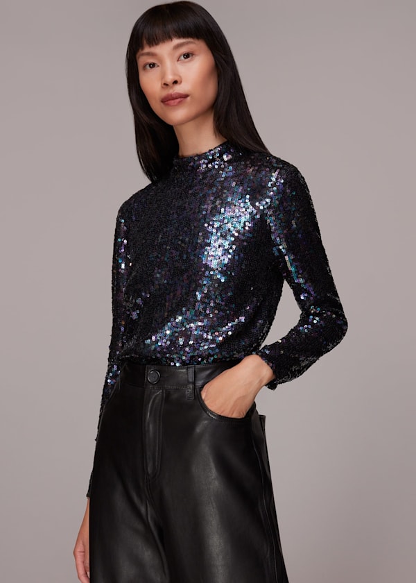 Black High Neck Sequin Top