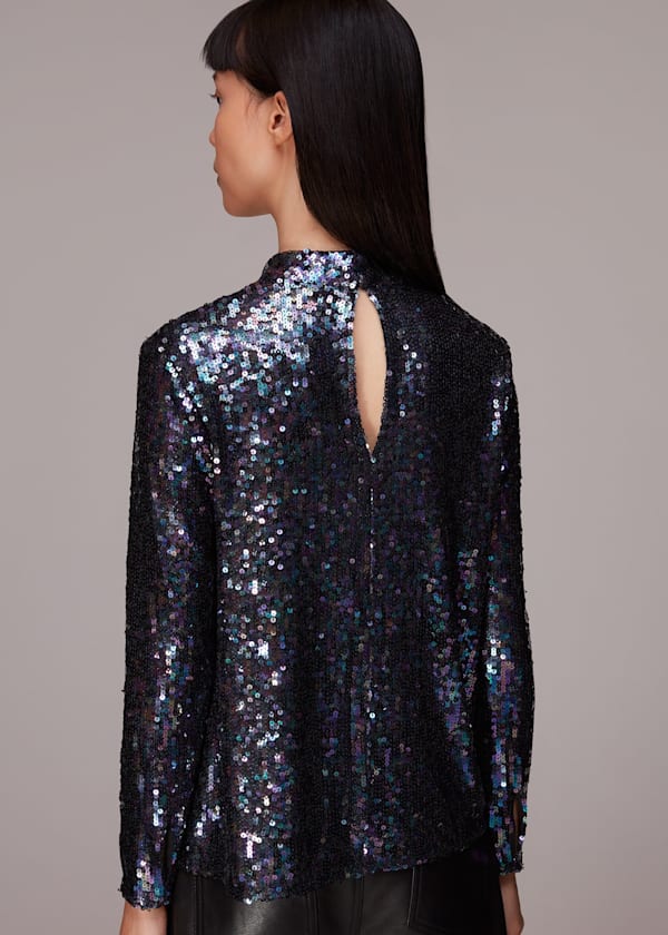 Black High Neck Sequin Top
