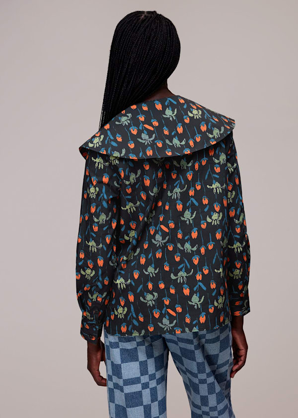 Black Tulips Print Collar Top