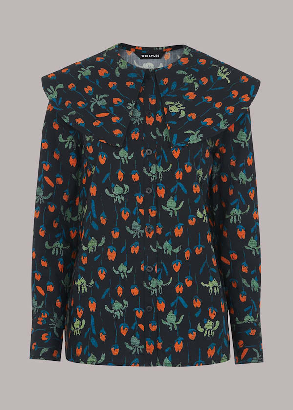 Black Tulips Print Collar Top