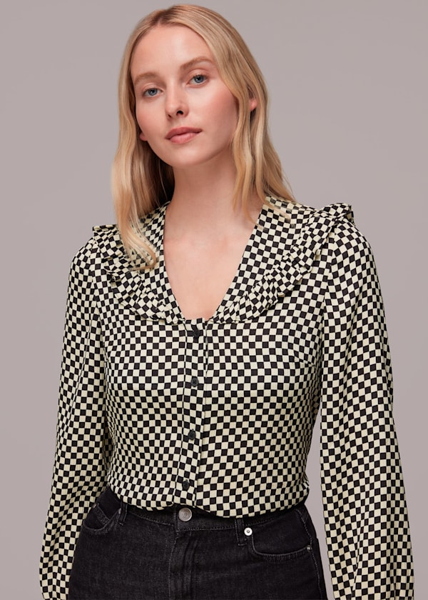 Black Checkerboard Collar Detail Top