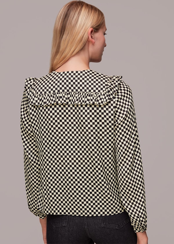 Black Checkerboard Collar Detail Top