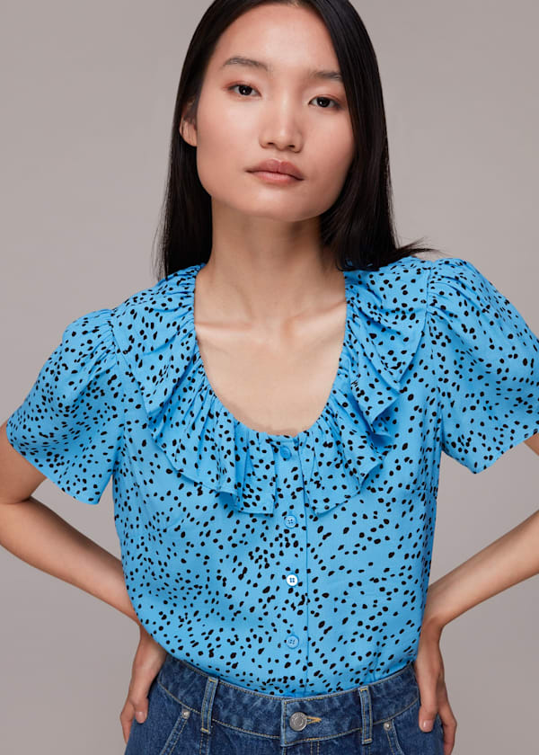Blue Spotted Dot Collar Top