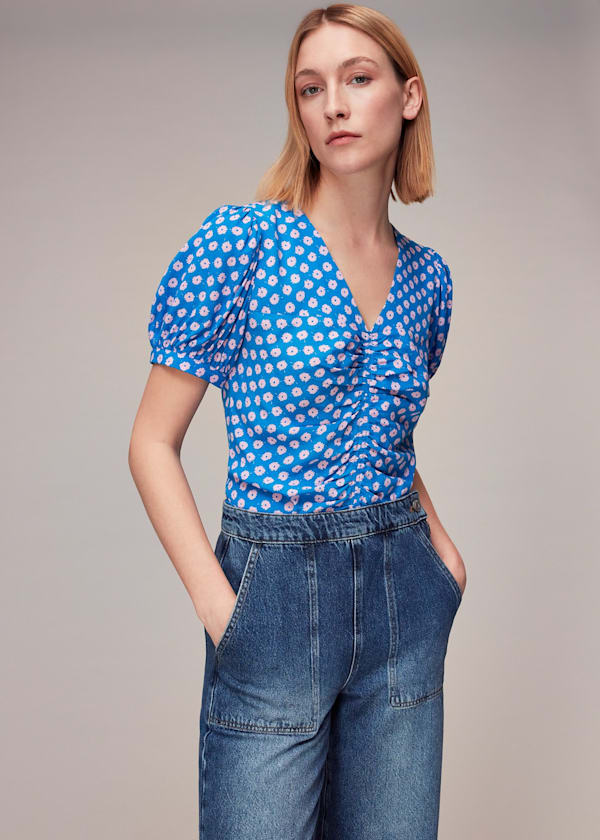 Blue Floral Sunburst Blouse