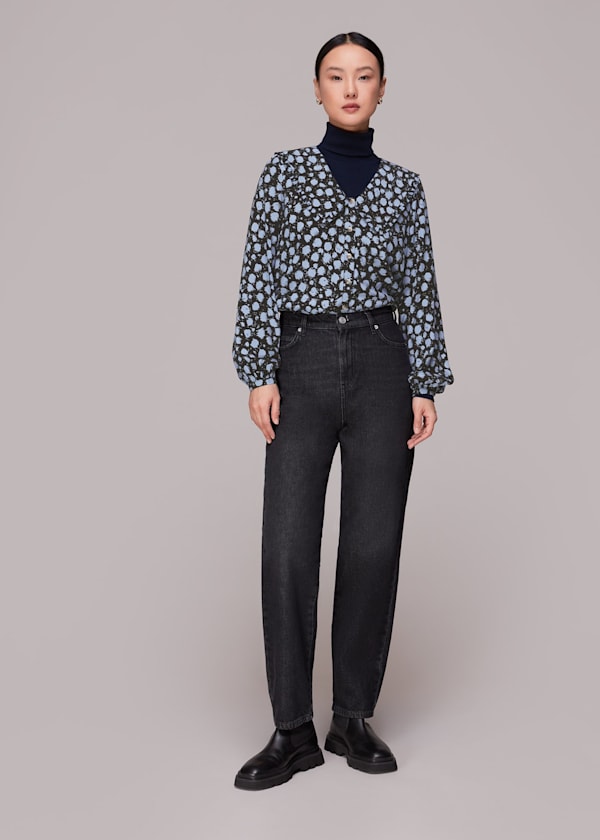 Black Dalmatian Print Collar Top