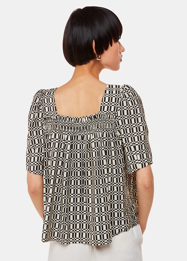 Black Link Check Square Neck Top