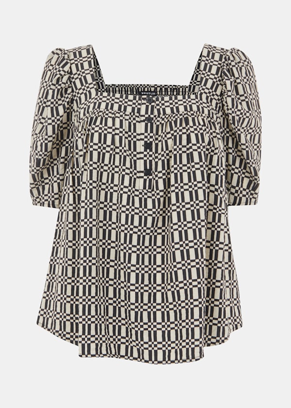 Black Link Check Square Neck Top