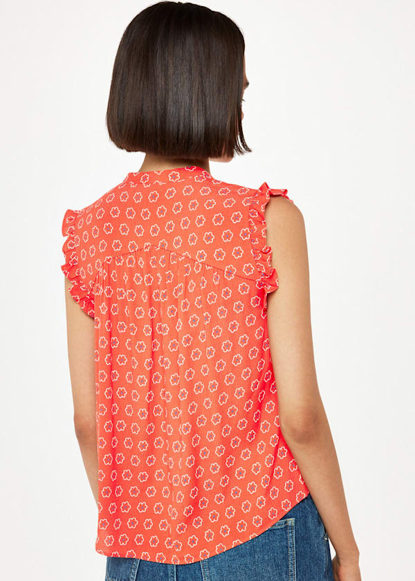Red Flower Charm Frill Sleeve Top