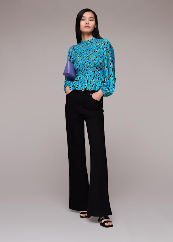 Blue Farfalle Flower Shirred Top