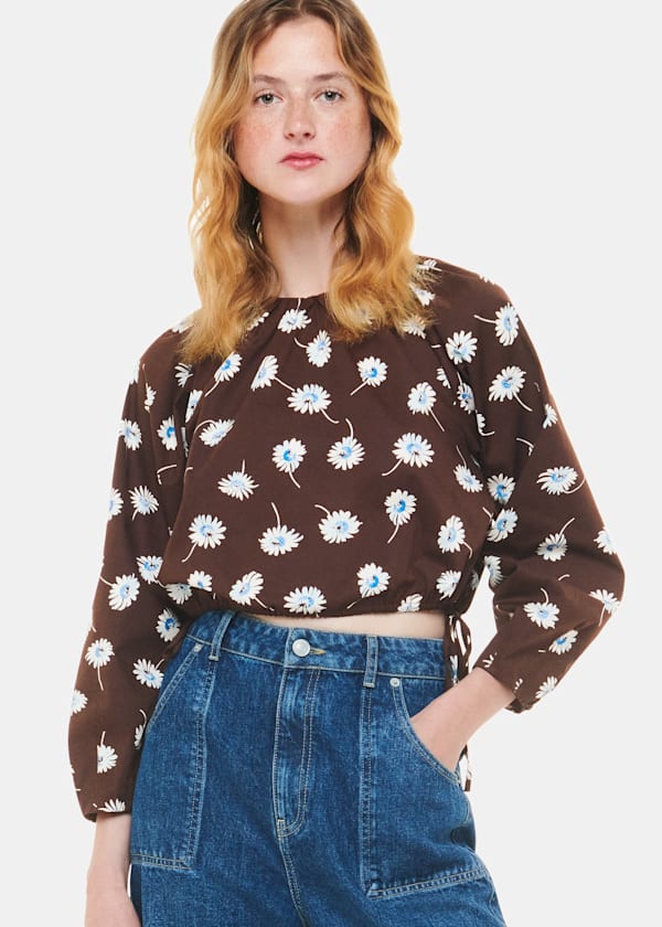 Brown Watercolour Daisy Poplin Top