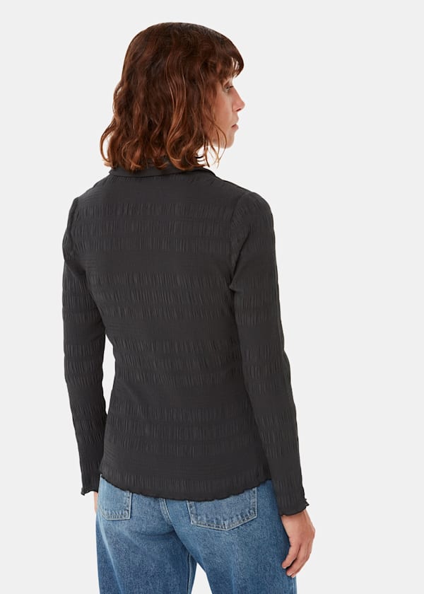 Black Plisse Button Front Shirt
