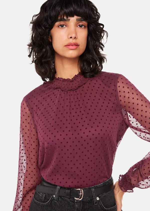 Burgundy Dobby Velvet Shirred Top