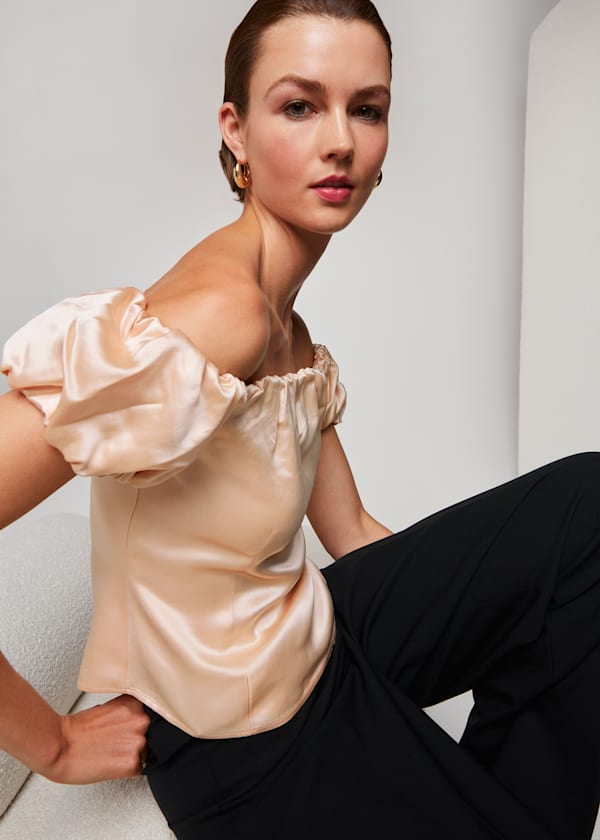 Champagne Julia Bardot Frill Sleeve Top