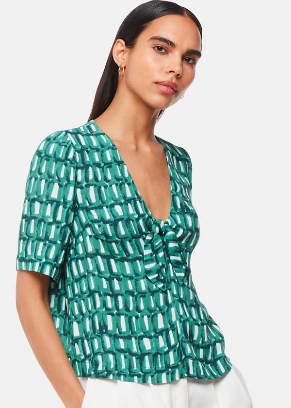 Green Linked Smudge Tie Front Top
